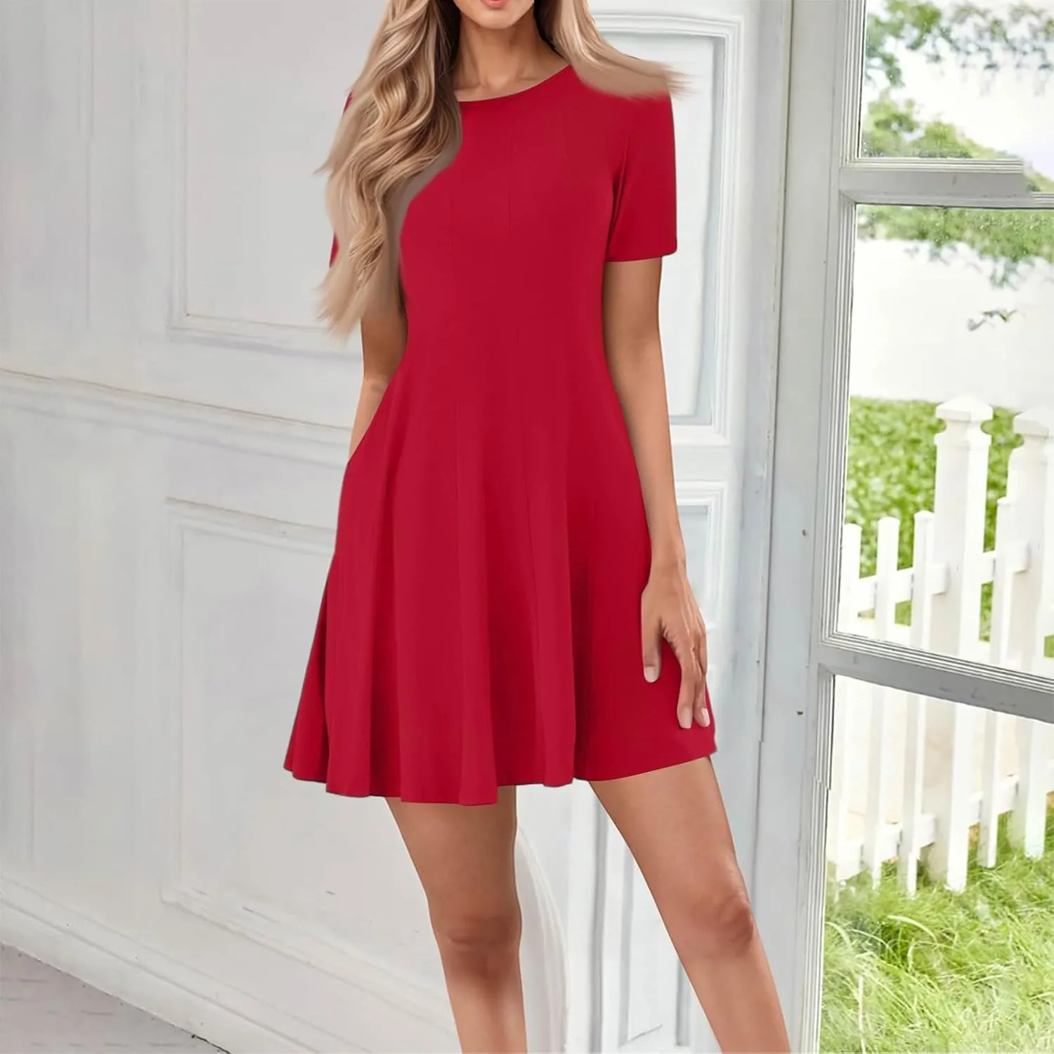 Mini Dress for Women, Summer Plus Size Formal Dresses Short Sleeve Ruffle Crew Neck Dress with Pockets Beach Dresses