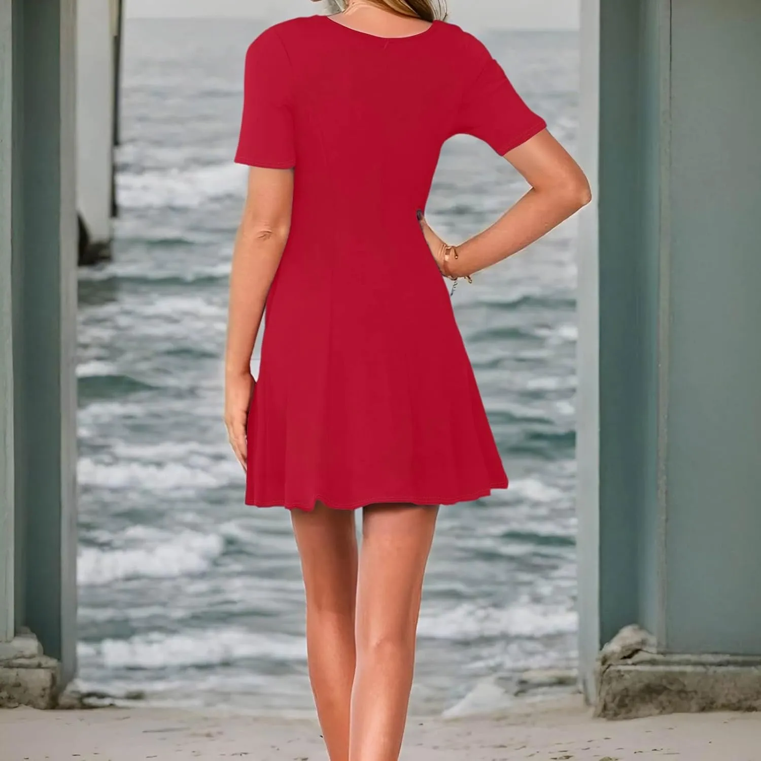 Mini Dress for Women, Summer Plus Size Formal Dresses Short Sleeve Ruffle Crew Neck Dress with Pockets Beach Dresses