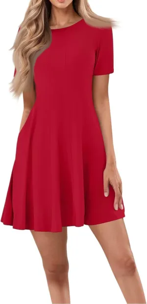 Mini Dress for Women, Summer Plus Size Formal Dresses Short Sleeve Ruffle Crew Neck Dress with Pockets Beach Dresses