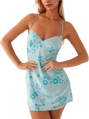 MISSACTIVER Sleeveless Sequin Dress for Women Backless Criss Cross Straps Mini Dress Sexy Sparkle Short Dresses Party