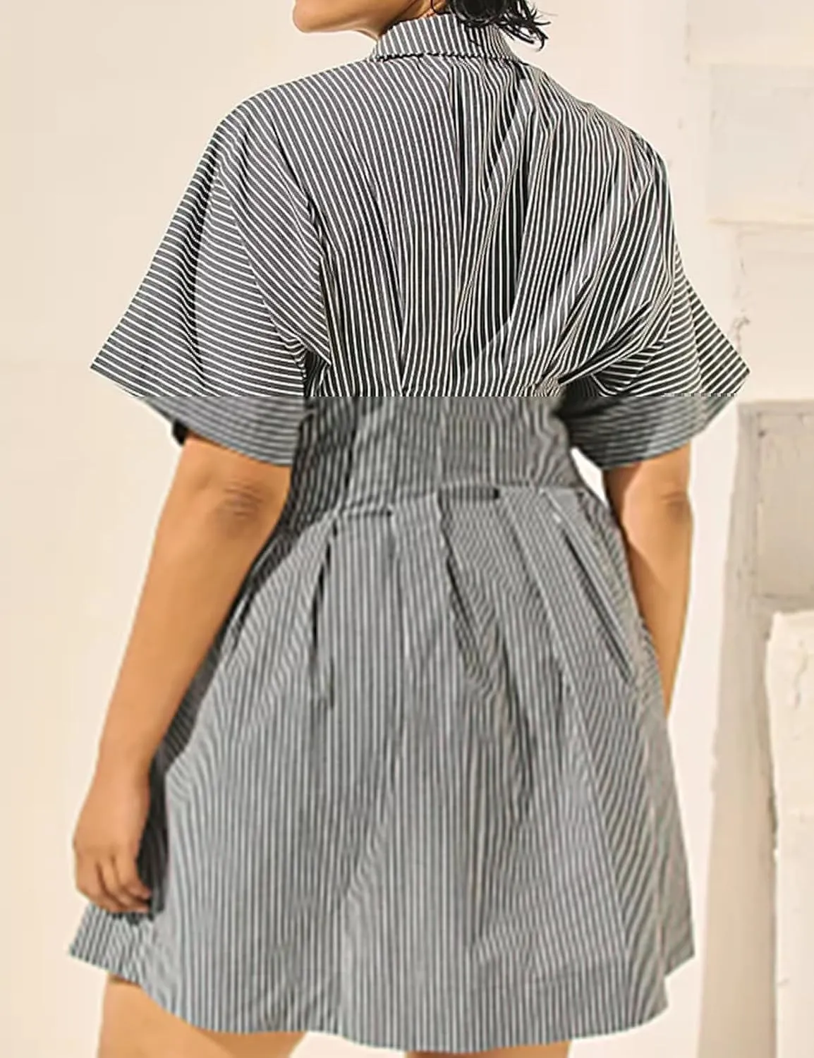 MISSACTIVER Women Pleated Button Down Shirt Dress Short Sleeve Striped Corset Mini Dresses Casual Summer Short Dress