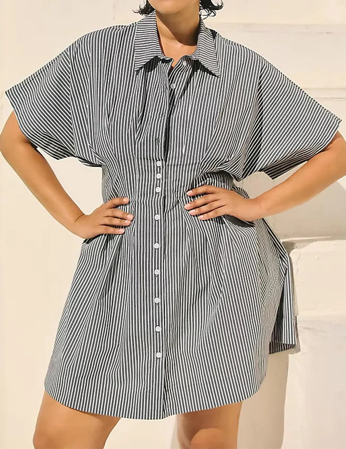MISSACTIVER Women Pleated Button Down Shirt Dress Short Sleeve Striped Corset Mini Dresses Casual Summer Short Dress