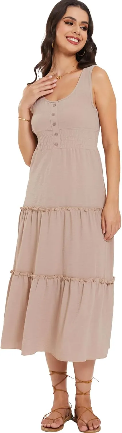 Moss Rose Women Sleeveless Summer Dress U Neck Ruffle Tank A Line Maxi Dresses Beach Sundress