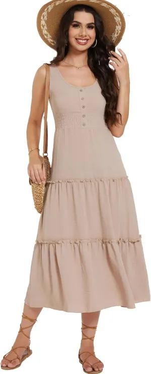 Moss Rose Women Sleeveless Summer Dress U Neck Ruffle Tank A Line Maxi Dresses Beach Sundress