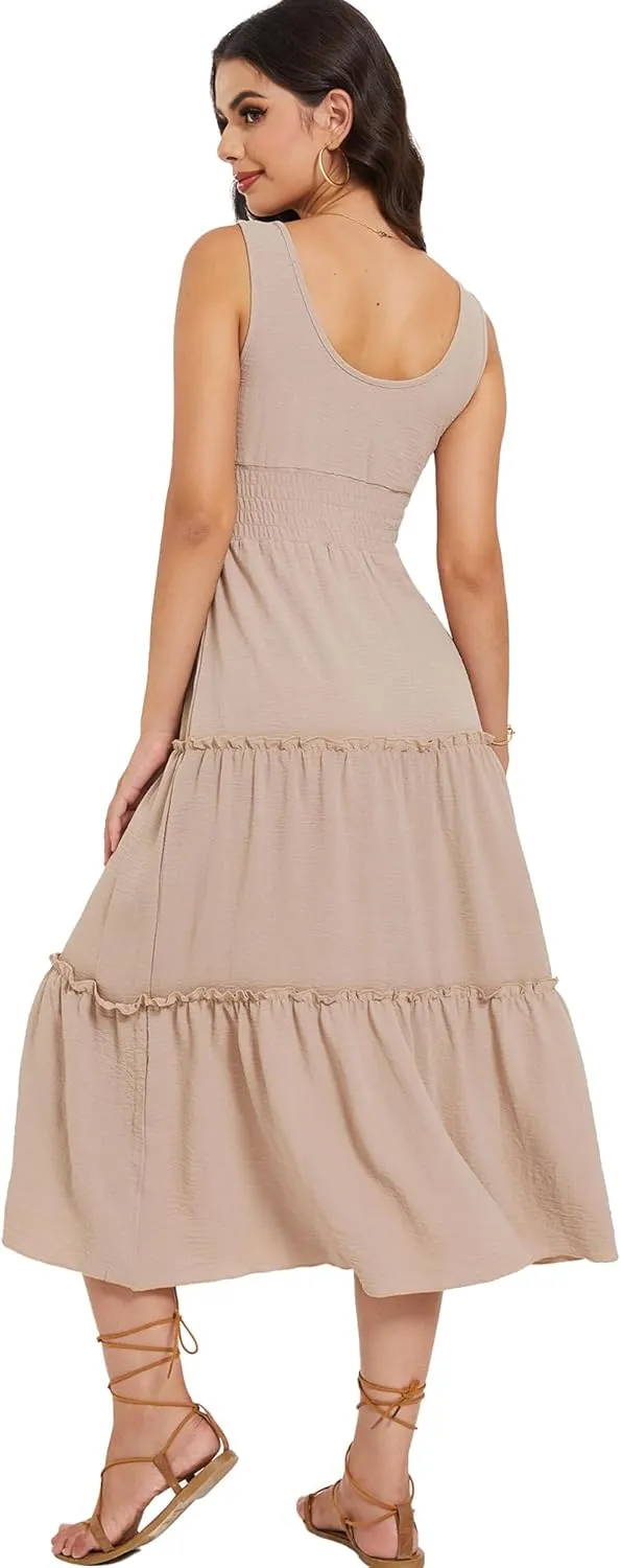 Moss Rose Women Sleeveless Summer Dress U Neck Ruffle Tank A Line Maxi Dresses Beach Sundress
