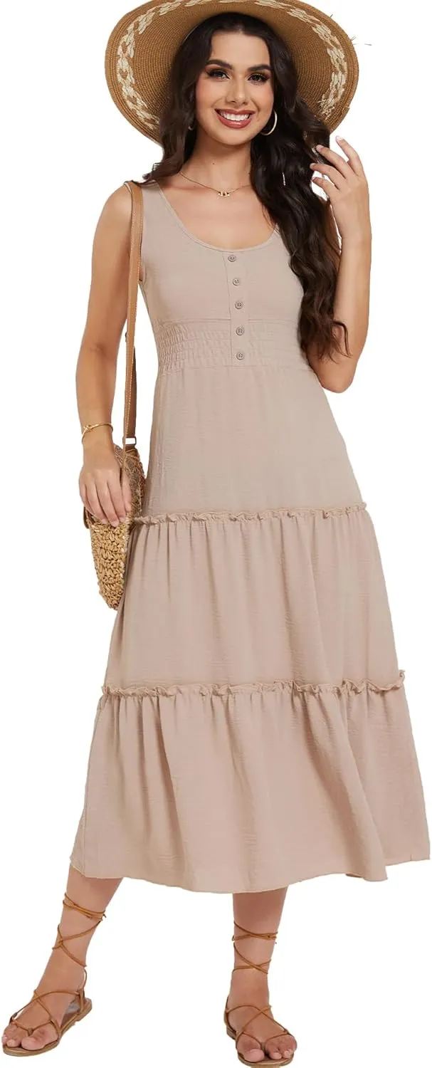 Moss Rose Women Sleeveless Summer Dress U Neck Ruffle Tank A Line Maxi Dresses Beach Sundress