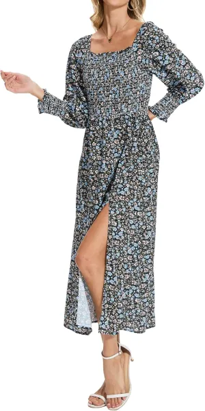 Moss Rose Womens Boho Maxi Dresses Summer Square Neck Long Sleeve Floral Flowy Swing Casual Long Dress
