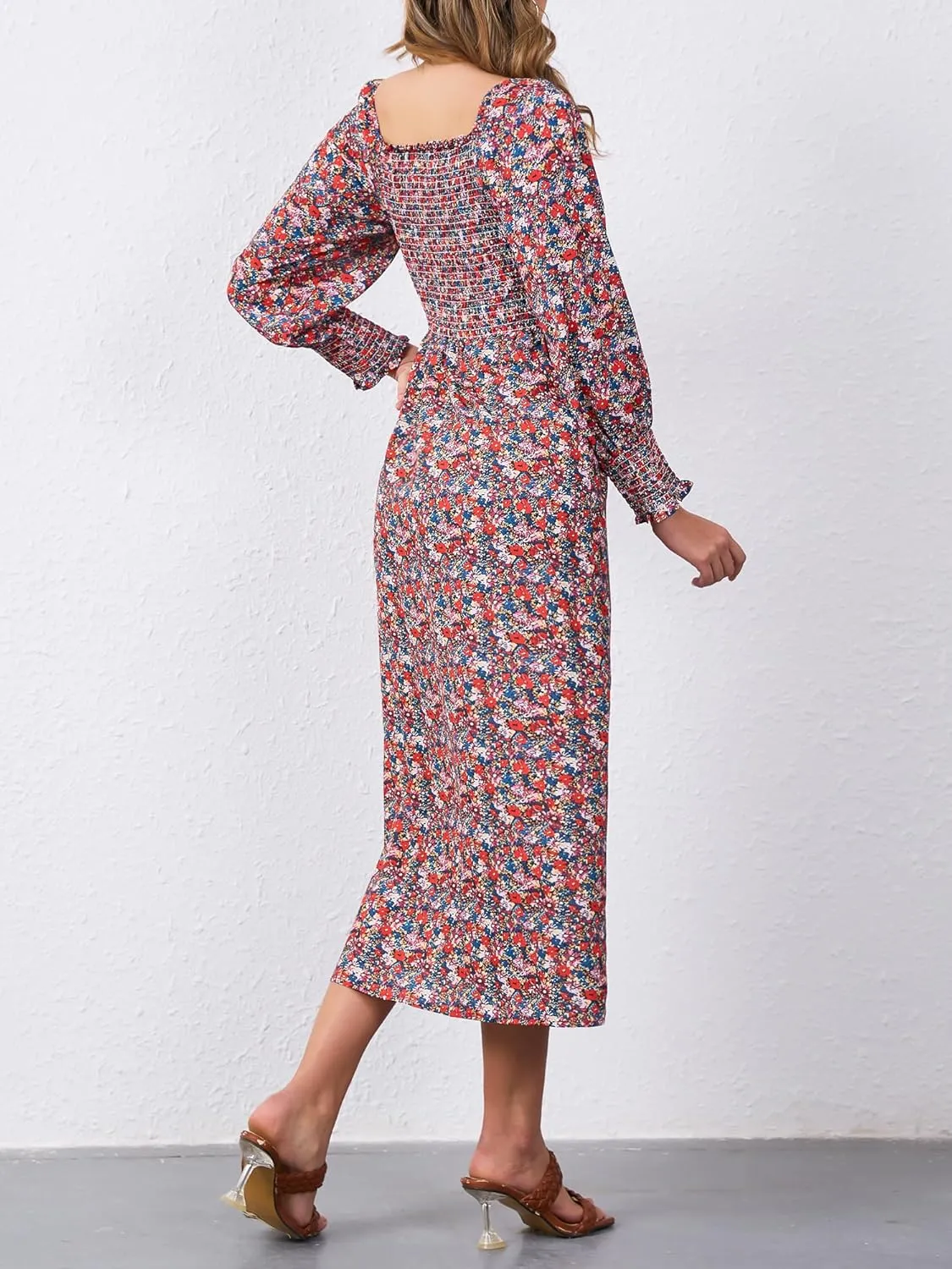 Moss Rose Womens Boho Maxi Dresses Summer Square Neck Long Sleeve Floral Flowy Swing Casual Long Dress