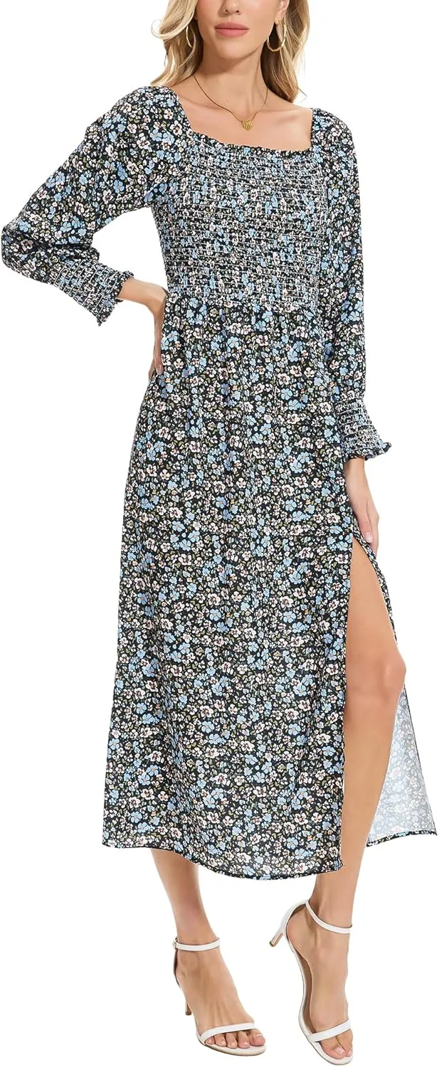Moss Rose Womens Boho Maxi Dresses Summer Square Neck Long Sleeve Floral Flowy Swing Casual Long Dress