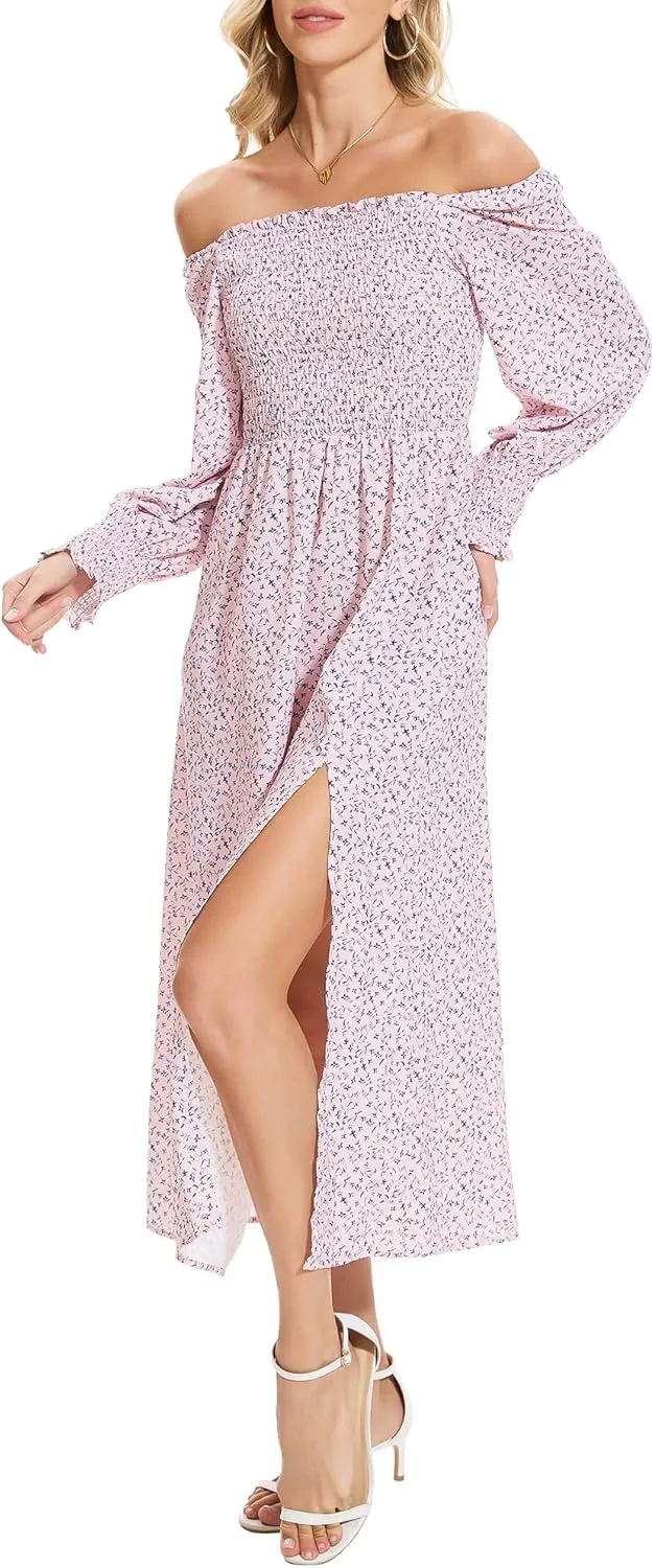 Moss Rose Womens Boho Maxi Dresses Summer Square Neck Long Sleeve Floral Flowy Swing Casual Long Dress