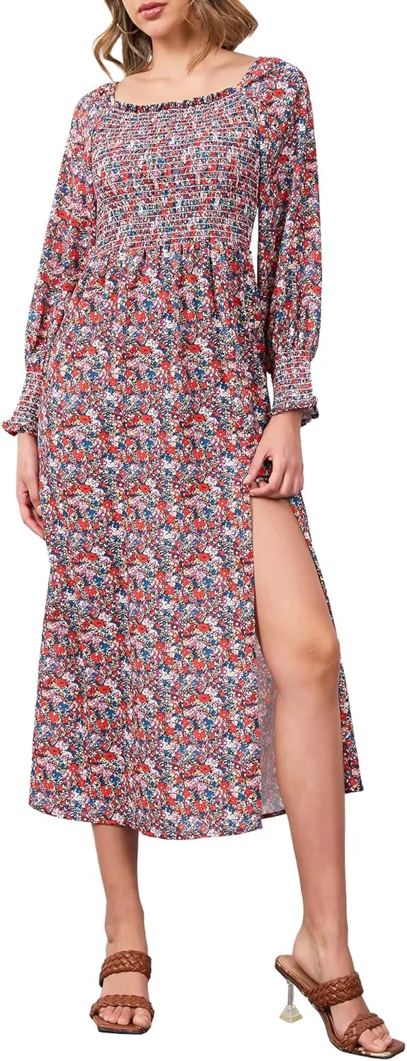 Moss Rose Womens Boho Maxi Dresses Summer Square Neck Long Sleeve Floral Flowy Swing Casual Long Dress