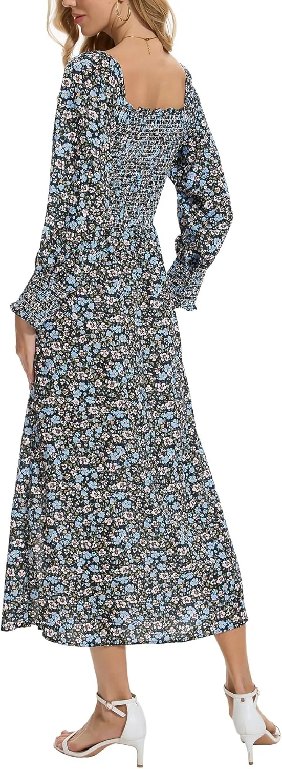 Moss Rose Womens Boho Maxi Dresses Summer Square Neck Long Sleeve Floral Flowy Swing Casual Long Dress