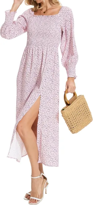 Moss Rose Womens Boho Maxi Dresses Summer Square Neck Long Sleeve Floral Flowy Swing Casual Long Dress