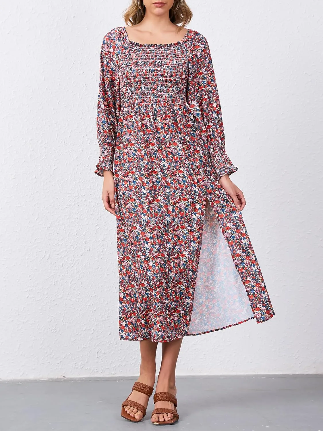 Moss Rose Womens Boho Maxi Dresses Summer Square Neck Long Sleeve Floral Flowy Swing Casual Long Dress