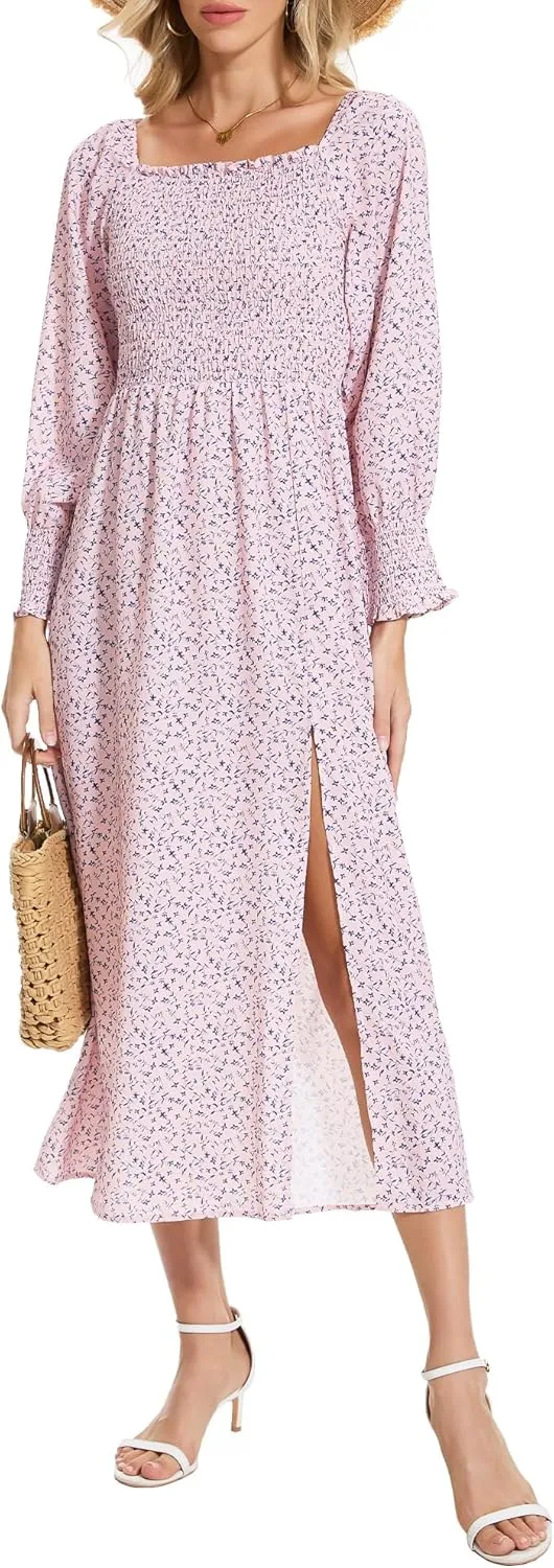 Moss Rose Womens Boho Maxi Dresses Summer Square Neck Long Sleeve Floral Flowy Swing Casual Long Dress