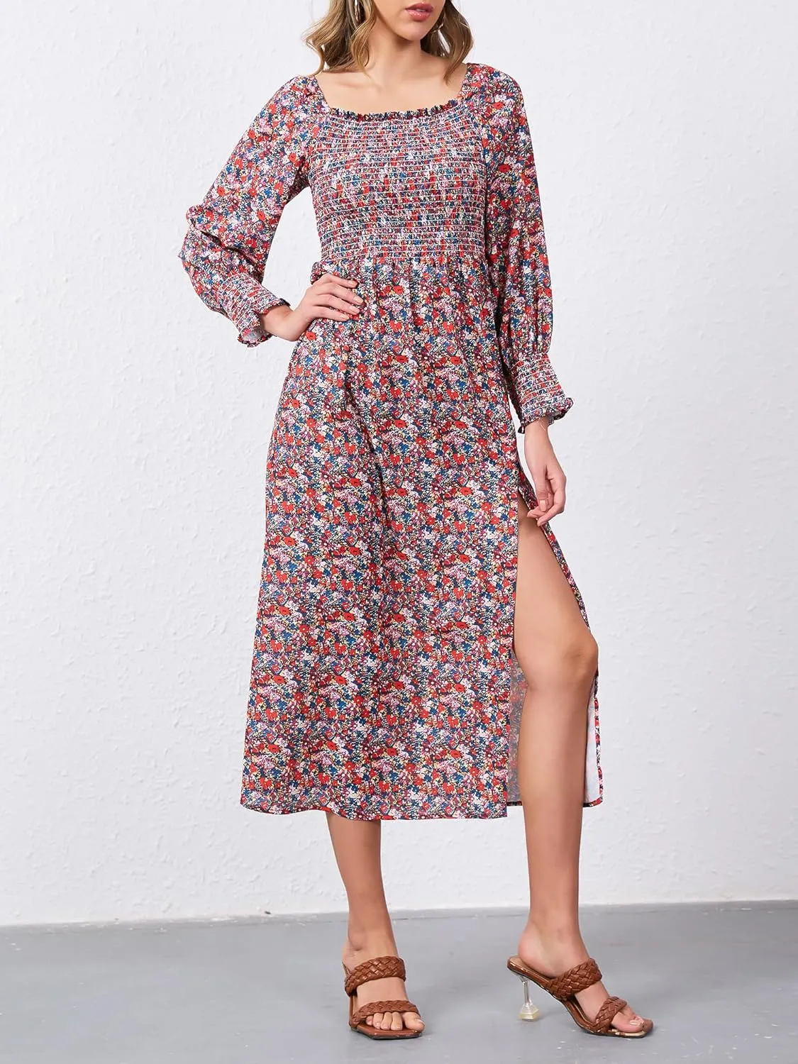 Moss Rose Womens Boho Maxi Dresses Summer Square Neck Long Sleeve Floral Flowy Swing Casual Long Dress