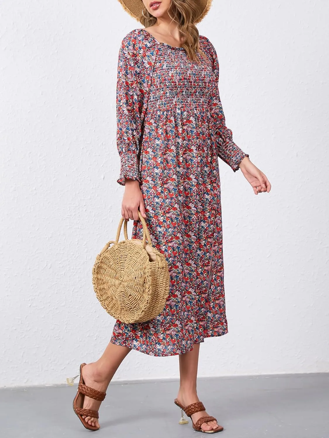 Moss Rose Womens Boho Maxi Dresses Summer Square Neck Long Sleeve Floral Flowy Swing Casual Long Dress