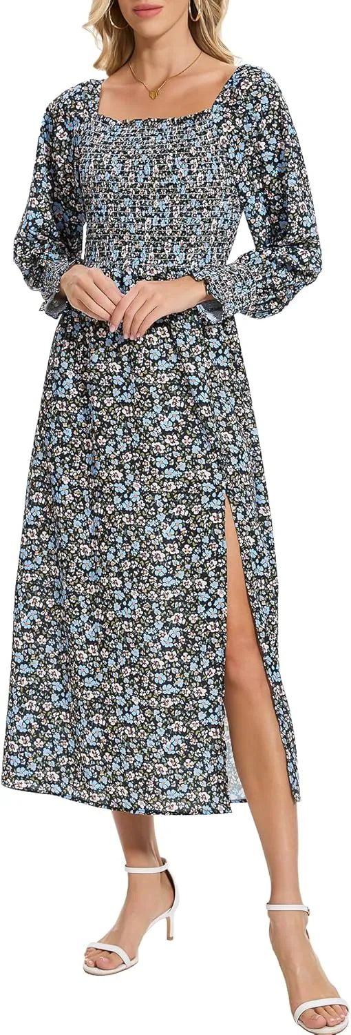 Moss Rose Womens Boho Maxi Dresses Summer Square Neck Long Sleeve Floral Flowy Swing Casual Long Dress
