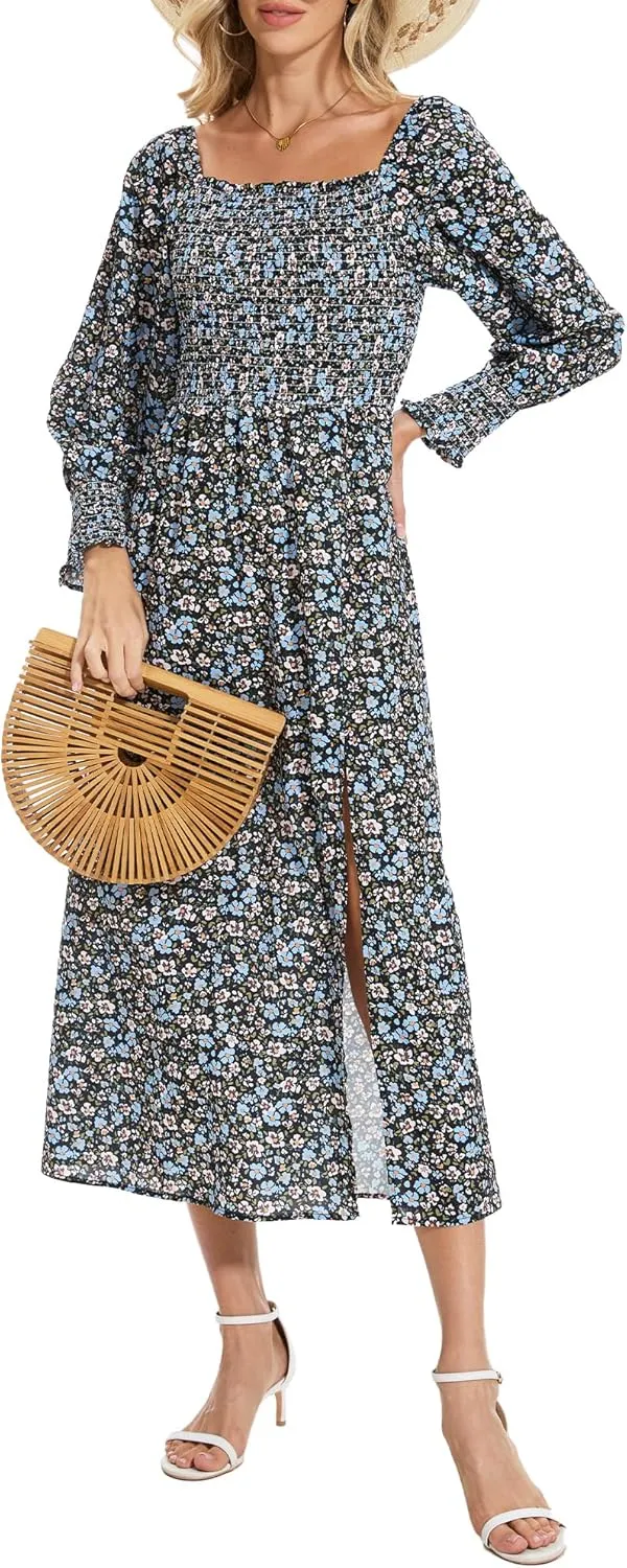 Moss Rose Womens Boho Maxi Dresses Summer Square Neck Long Sleeve Floral Flowy Swing Casual Long Dress