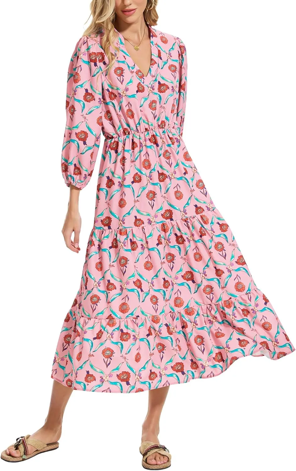Moss Rose Womens Spring Summer Maxi Dresses V Neck 3/4 Sleeve Floral Flowy Swing Boho Long Dress