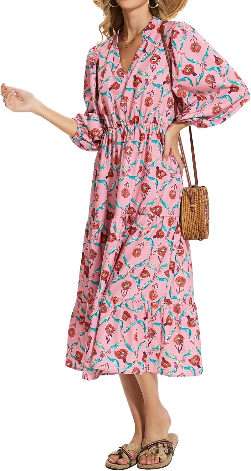 Moss Rose Womens Spring Summer Maxi Dresses V Neck 3/4 Sleeve Floral Flowy Swing Boho Long Dress
