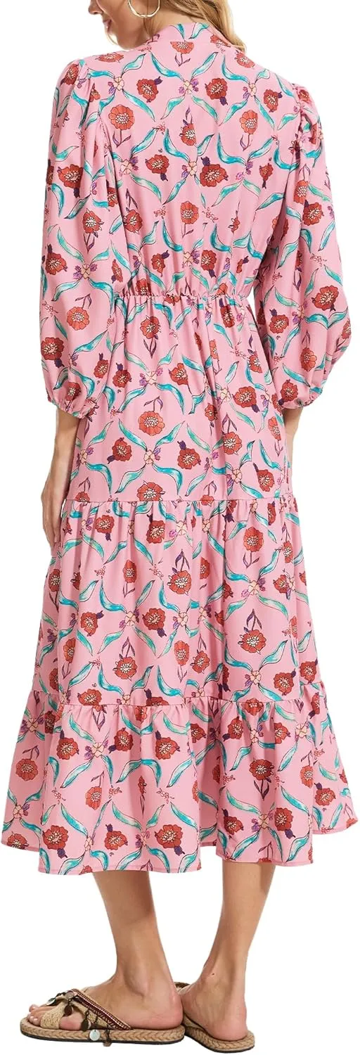 Moss Rose Womens Spring Summer Maxi Dresses V Neck 3/4 Sleeve Floral Flowy Swing Boho Long Dress