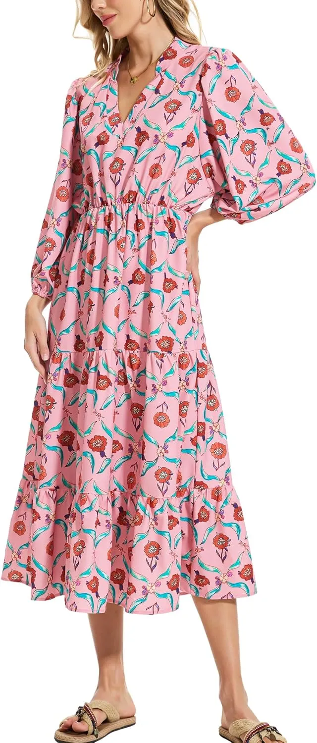 Moss Rose Womens Spring Summer Maxi Dresses V Neck 3/4 Sleeve Floral Flowy Swing Boho Long Dress