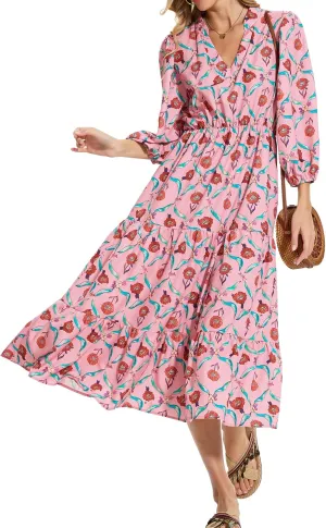Moss Rose Womens Spring Summer Maxi Dresses V Neck 3/4 Sleeve Floral Flowy Swing Boho Long Dress