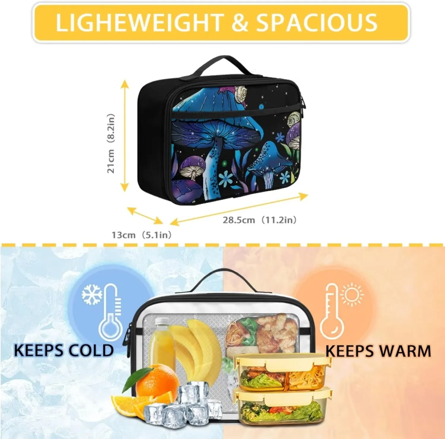 Mushroom Snails Backpack for Kids 17 Inch School Backpack Large Capacity Schoolbag and Lunch Bag with Front Pocket and Handle Insulated Cooler Lunch Bag, 2 Piece Casual Daypack