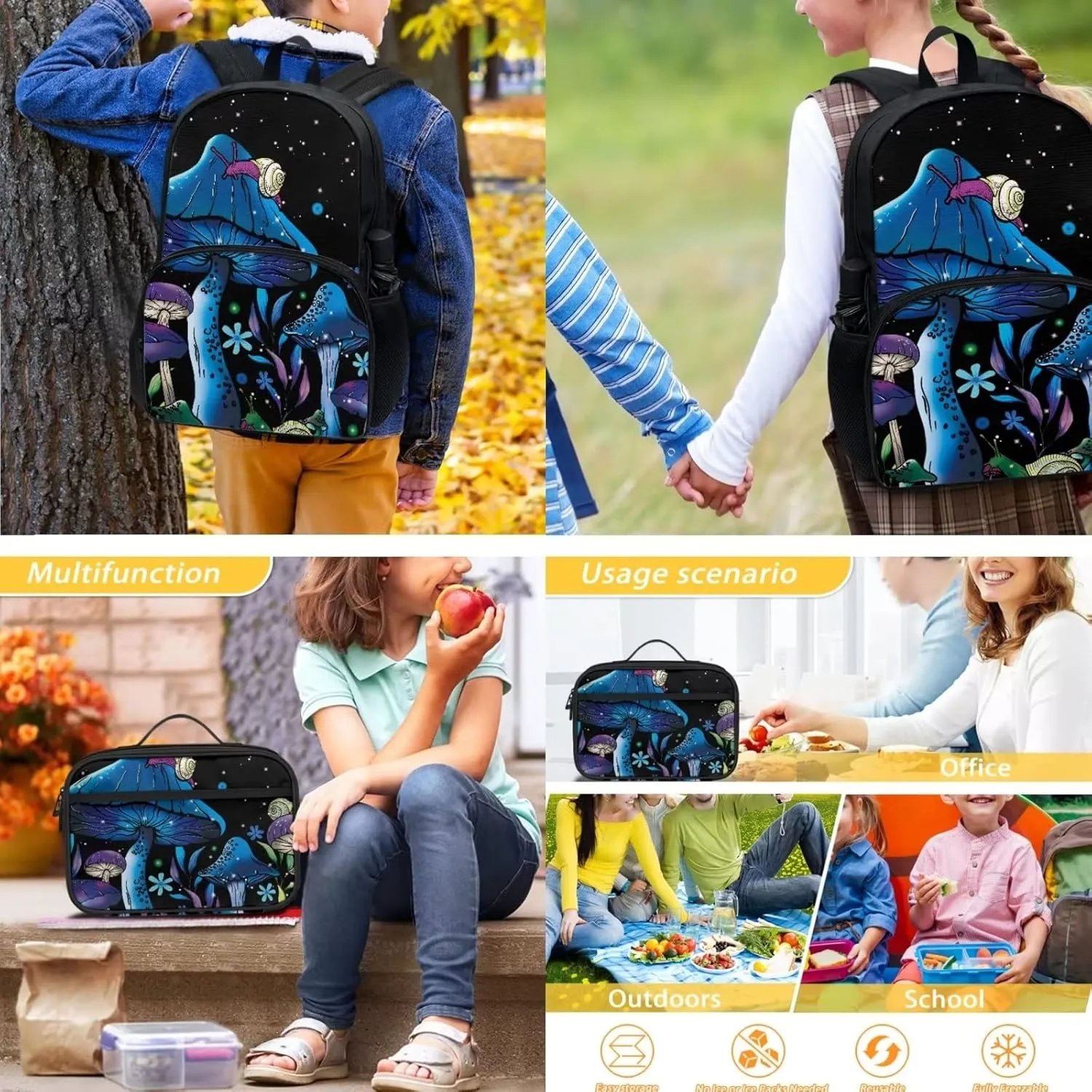 Mushroom Snails Backpack for Kids 17 Inch School Backpack Large Capacity Schoolbag and Lunch Bag with Front Pocket and Handle Insulated Cooler Lunch Bag, 2 Piece Casual Daypack