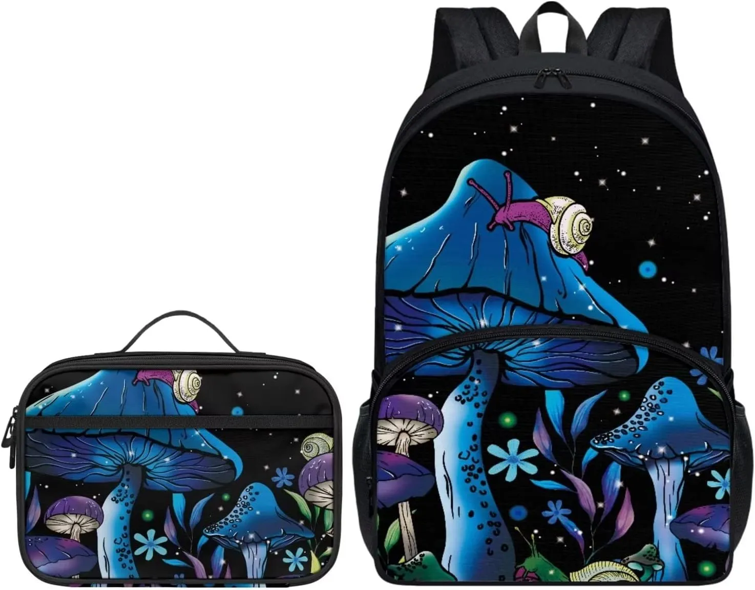 Mushroom Snails Backpack for Kids 17 Inch School Backpack Large Capacity Schoolbag and Lunch Bag with Front Pocket and Handle Insulated Cooler Lunch Bag, 2 Piece Casual Daypack