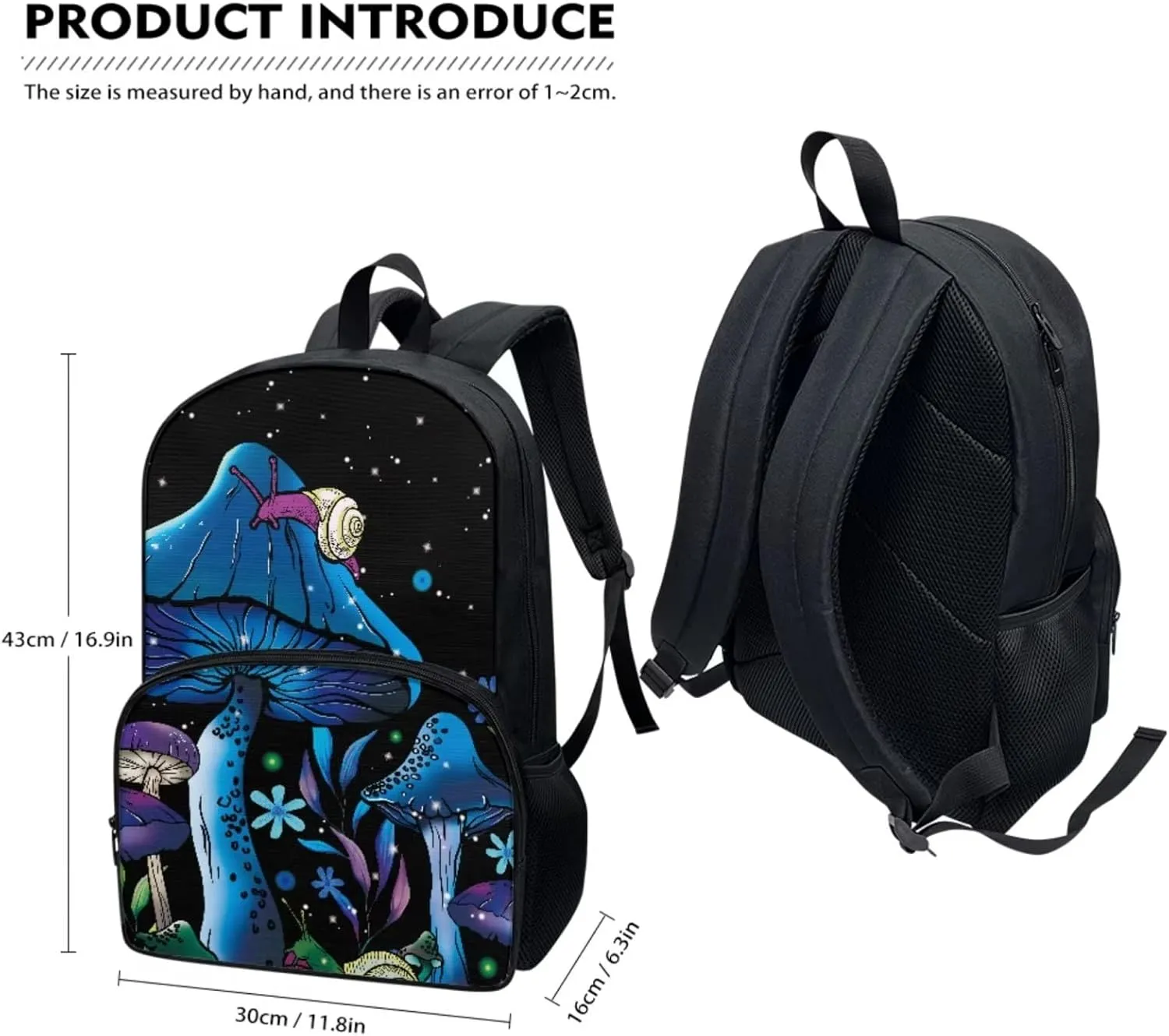 Mushroom Snails Backpack for Kids 17 Inch School Backpack Large Capacity Schoolbag and Lunch Bag with Front Pocket and Handle Insulated Cooler Lunch Bag, 2 Piece Casual Daypack