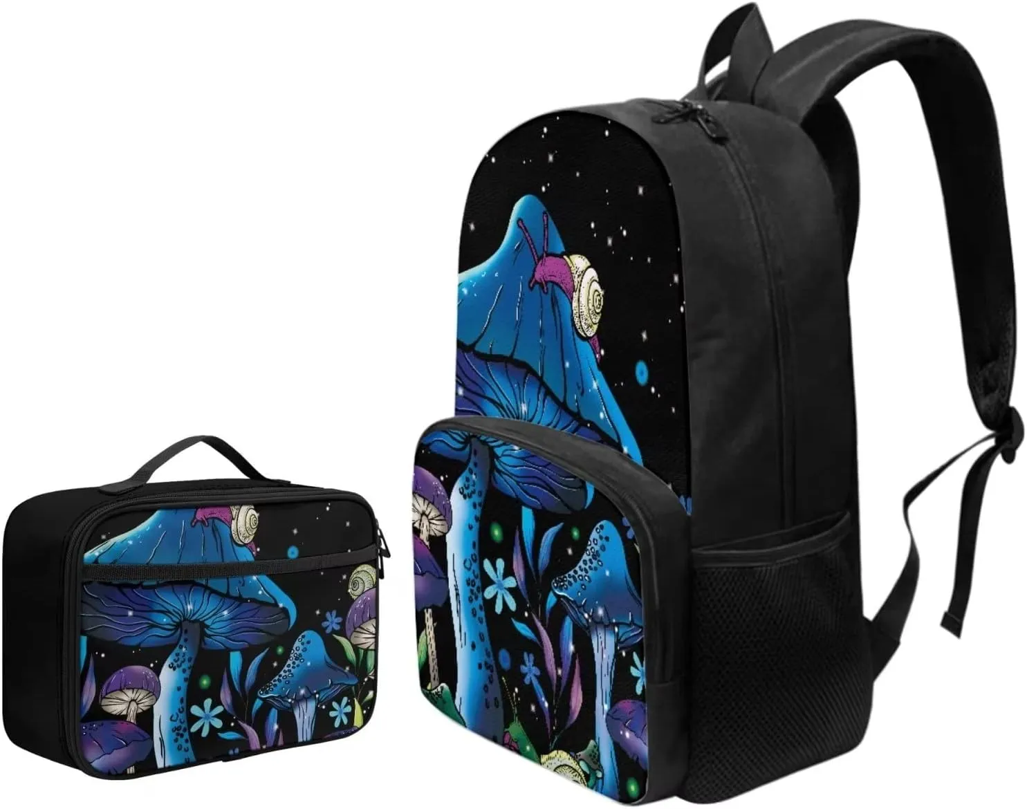 Mushroom Snails Backpack for Kids 17 Inch School Backpack Large Capacity Schoolbag and Lunch Bag with Front Pocket and Handle Insulated Cooler Lunch Bag, 2 Piece Casual Daypack