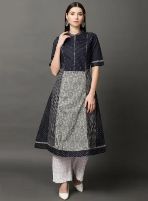 Navy Blue Long Printed Kurta