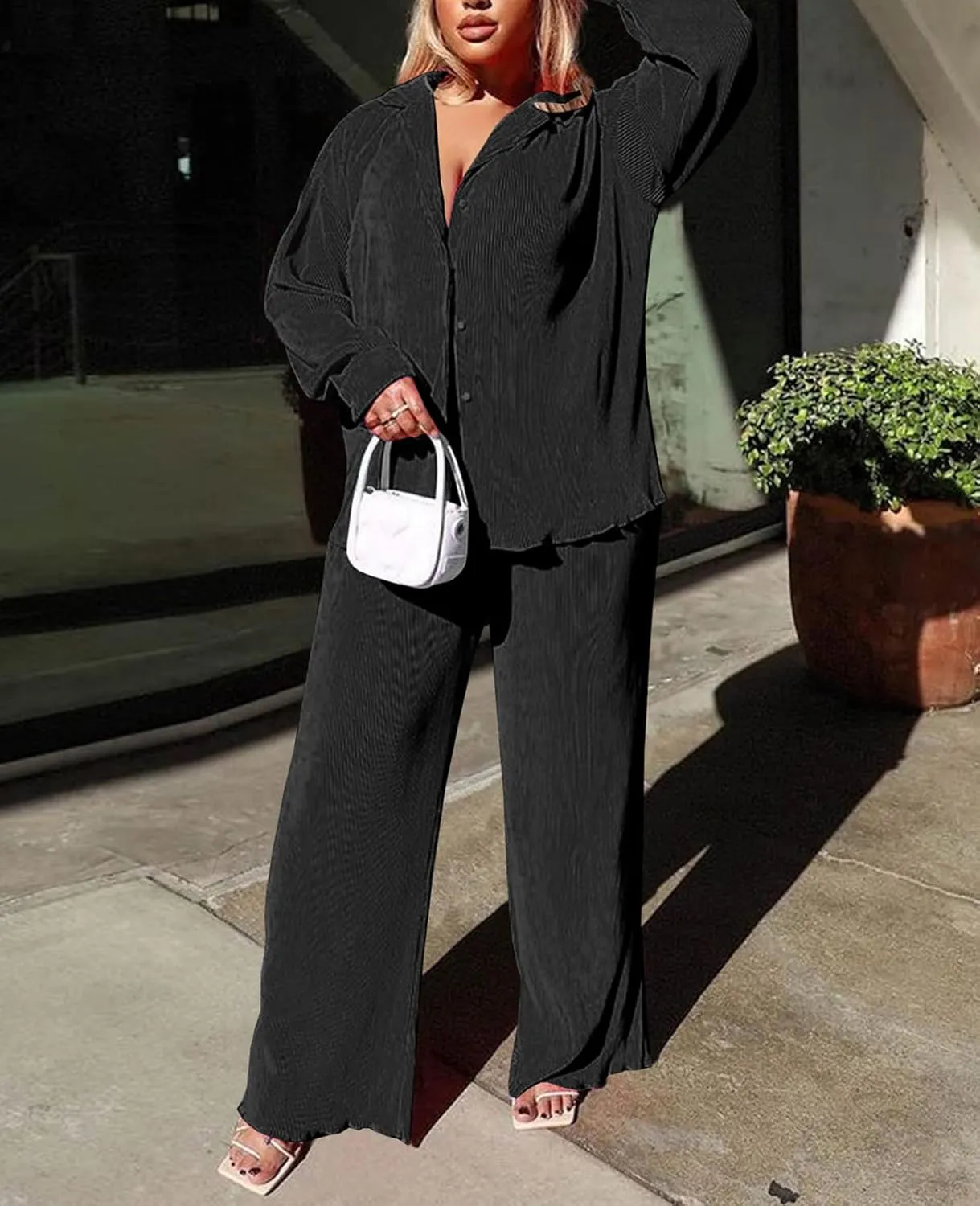 Neyaolk Women Pleated 2 Piece Pants Outfits Casual Loose Button Shirt Blouse Top Long Wide Leg Palazzo Pants Set Jumpsuit