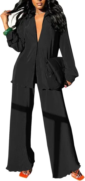 Neyaolk Women Pleated 2 Piece Pants Outfits Casual Loose Button Shirt Blouse Top Long Wide Leg Palazzo Pants Set Jumpsuit