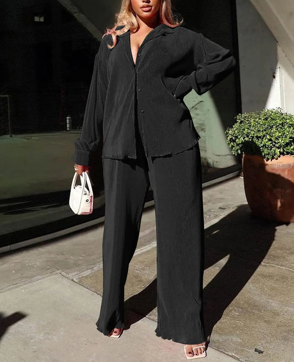Neyaolk Women Pleated 2 Piece Pants Outfits Casual Loose Button Shirt Blouse Top Long Wide Leg Palazzo Pants Set Jumpsuit