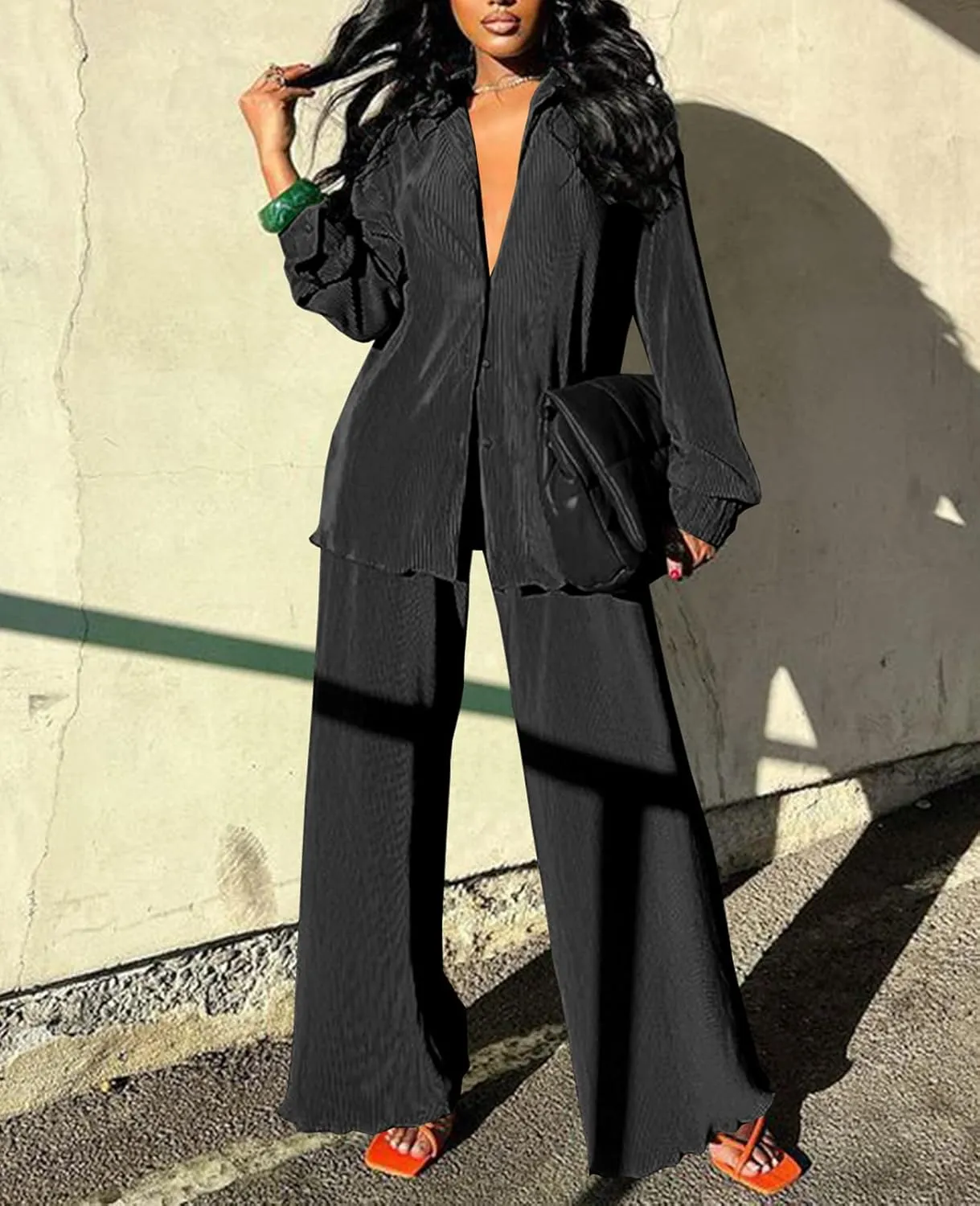 Neyaolk Women Pleated 2 Piece Pants Outfits Casual Loose Button Shirt Blouse Top Long Wide Leg Palazzo Pants Set Jumpsuit