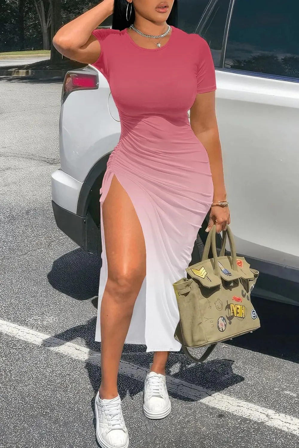 Nimsruc Women Sexy Summer Dresses Short Sleeve Thigh-high Slit Ruched Bodycon Maxi Club Cocktail Party Dress