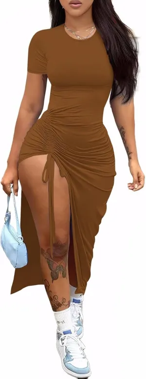 Nimsruc Women Sexy Summer Dresses Short Sleeve Thigh-high Slit Ruched Bodycon Maxi Club Cocktail Party Dress