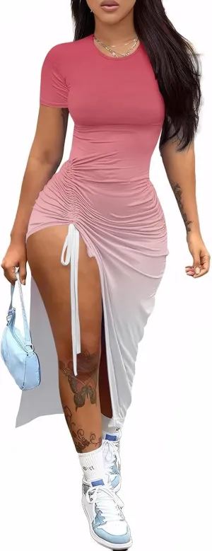 Nimsruc Women Sexy Summer Dresses Short Sleeve Thigh-high Slit Ruched Bodycon Maxi Club Cocktail Party Dress