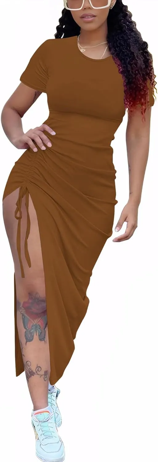 Nimsruc Women Sexy Summer Dresses Short Sleeve Thigh-high Slit Ruched Bodycon Maxi Club Cocktail Party Dress