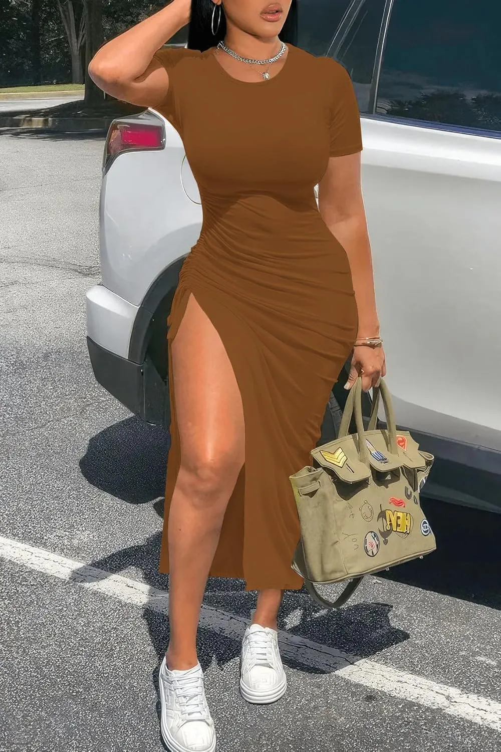 Nimsruc Women Sexy Summer Dresses Short Sleeve Thigh-high Slit Ruched Bodycon Maxi Club Cocktail Party Dress