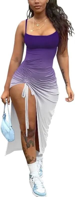 Nimsruc Womens Sexy Summer Dresses Spaghetti Strap Thigh-high Slit Ruched Bodycon Maxi Club Cocktail Party Dress