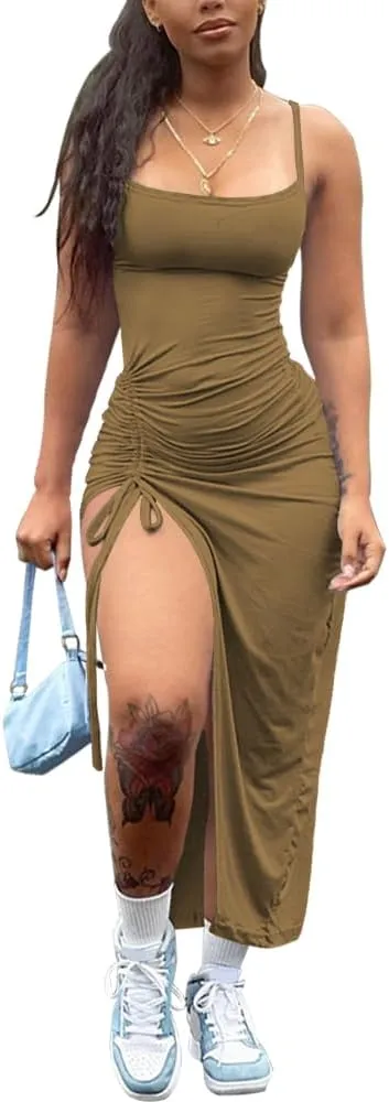 Nimsruc Womens Sexy Summer Dresses Spaghetti Strap Thigh-high Slit Ruched Bodycon Maxi Club Cocktail Party Dress