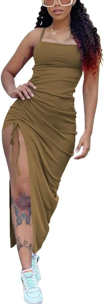 Nimsruc Womens Sexy Summer Dresses Spaghetti Strap Thigh-high Slit Ruched Bodycon Maxi Club Cocktail Party Dress