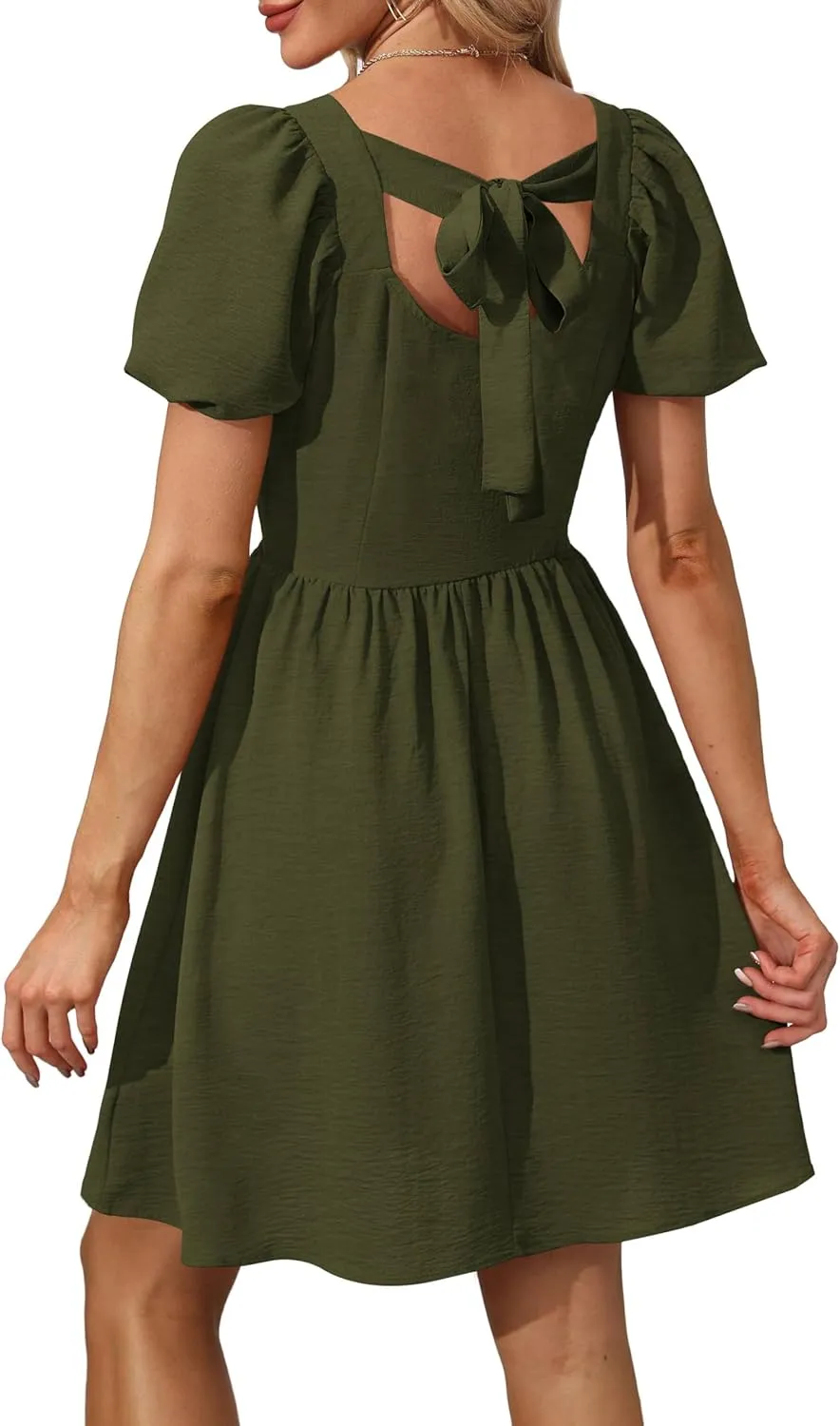 OFEEFAN Women Puff Sleeve Square Neck Tie in Back Dresses with Zipper