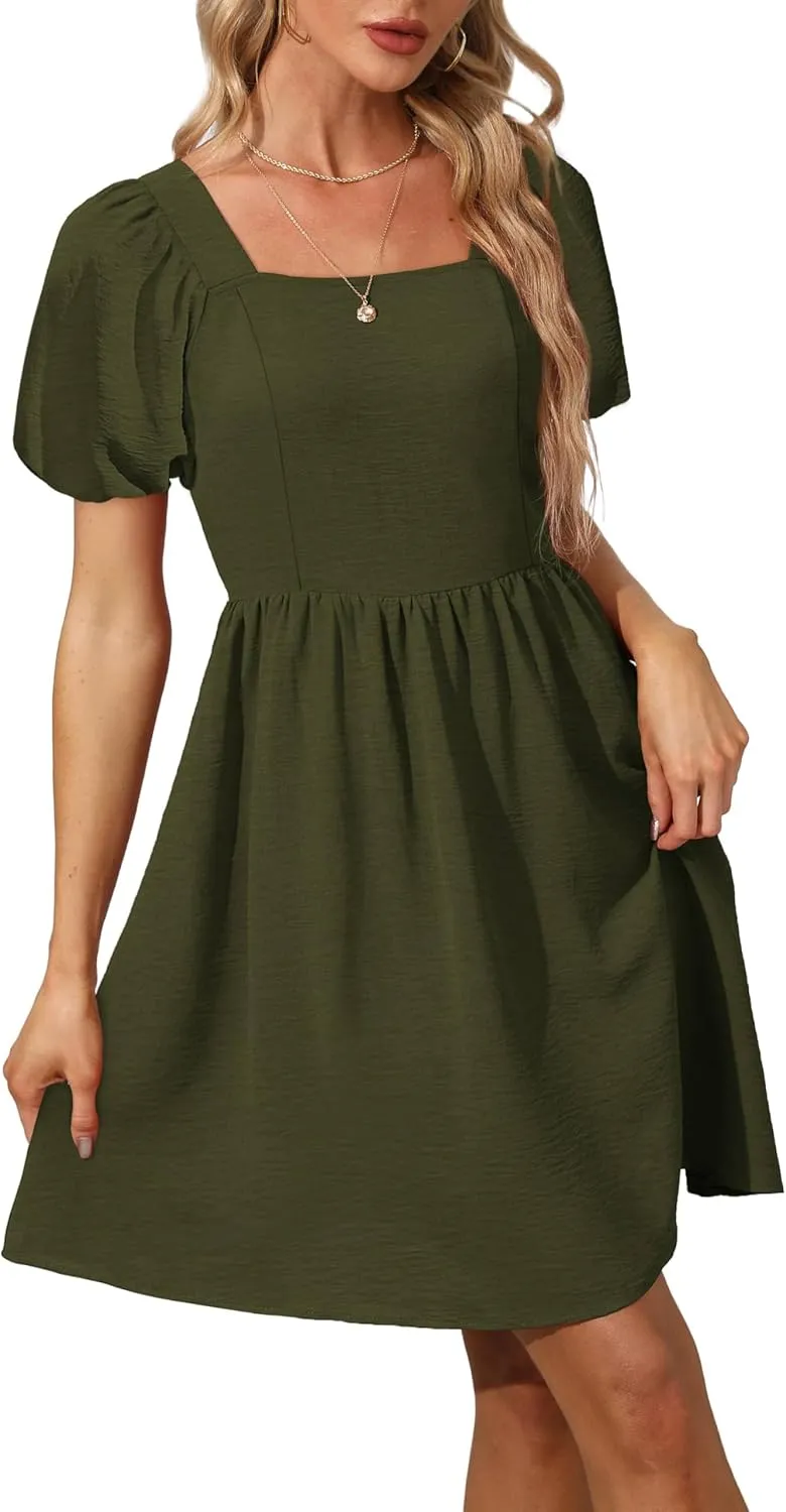 OFEEFAN Women Puff Sleeve Square Neck Tie in Back Dresses with Zipper