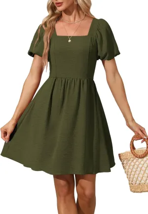 OFEEFAN Women Puff Sleeve Square Neck Tie in Back Dresses with Zipper