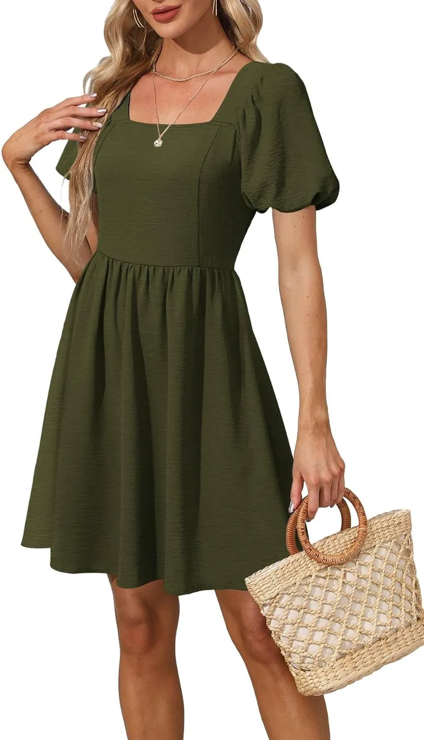 OFEEFAN Women Puff Sleeve Square Neck Tie in Back Dresses with Zipper